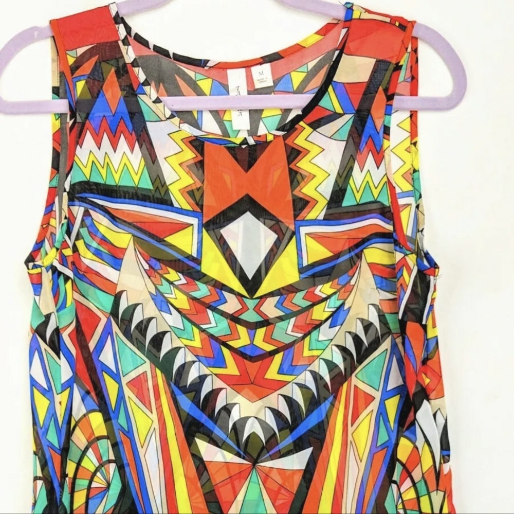 Tacera Cover Up Top Womens Sz M Colorful Asymmetrical Blouse Stained Glass Look